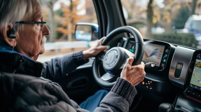 Elderly person using an easy to navigate dashboard in a small electric car