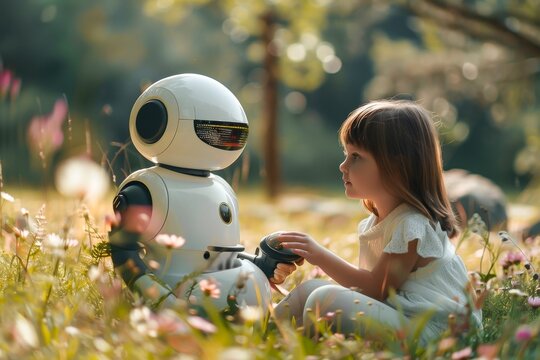 Adorable assistant robot engaging with children in a playful setting depicted in Documentary Editorial and Magazine Photography Style evoking warmth and friendship