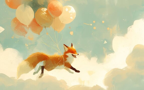 A joyful fox prancing with a cluster of balloons in tow