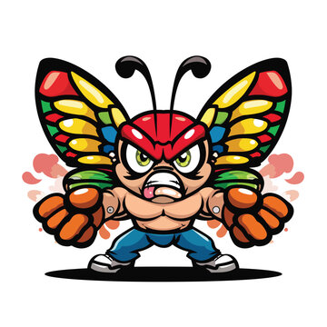 A cartoon wrestler butterfly looking angry.