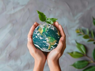 A conceptual image of hands holding a globe with green leaves symbolizing care and protection for the environment