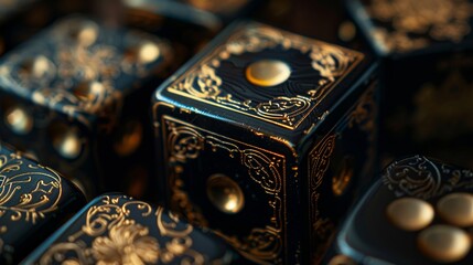 A close up photograph highlighting the intricate designs on a set of casino dice