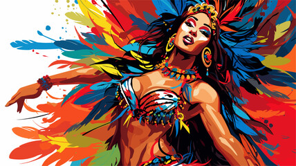 Samba dancer in a vibrant and feathered costume with a headdress. simple Vector art