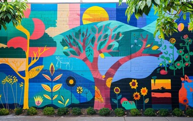 A collaborative mural with striking colors and themes transforming a citys neglected wall