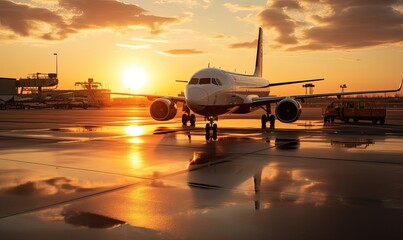 Fototapeta na wymiar The Majestic Sunset: A Plane Resting on the Tarmac, Radiating Serenity and Adventure