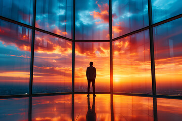 Fototapeta na wymiar A contemplative businessman stands silhouetted against a vibrant sunset, the golden hues reflecting off the glossy floor of a modern office building, overlooking a bustling cityscape.