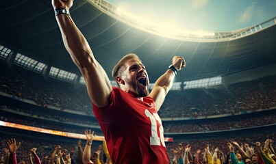 Fototapeta na wymiar Cheering Man in Red Jersey at Stadium