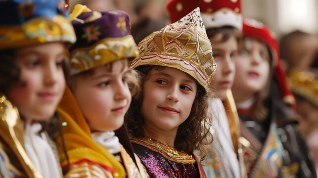 Jewish children celebrate Purim in colorful costumes