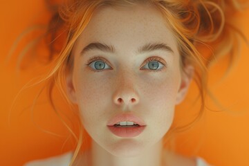 Young woman, surprised expression, orange backdrop, floating hair, blue eyes, freckles, vivid, close-up, shock, awe - obrazy, fototapety, plakaty