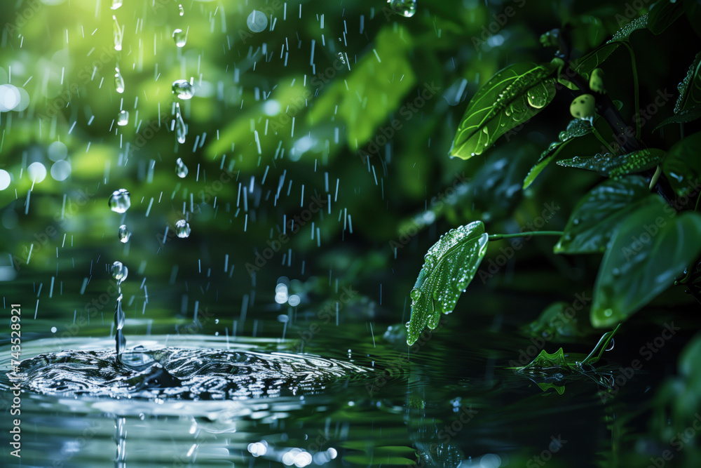 Poster water splash in the forest. water is the source of life. a slide background for showcasing the impor