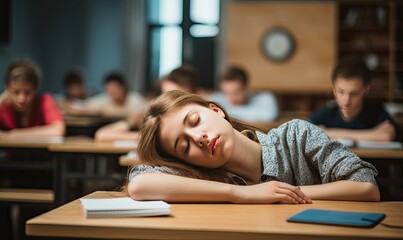 Sleepy Girl Resting on Classroom Desk