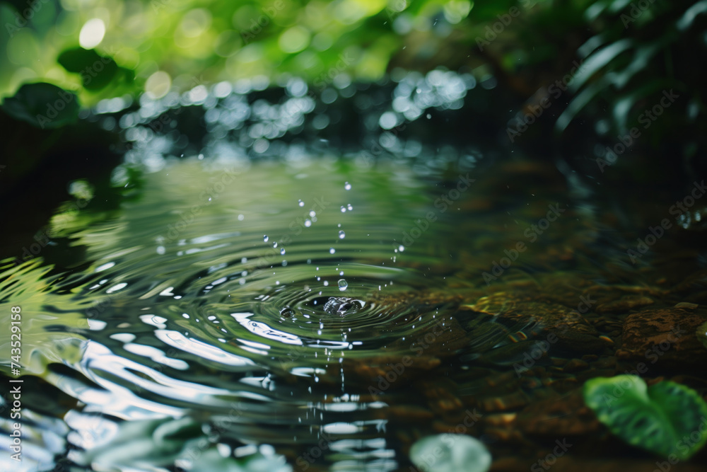 Poster water splash in the forest. water is the source of life. a slide background for showcasing the impor