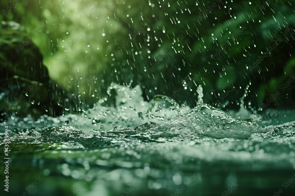 Poster water splash in the forest. water is the source of life. a slide background for showcasing the impor