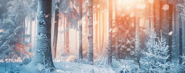Snowy pine forest early morning light winter wonder - obrazy, fototapety, plakaty