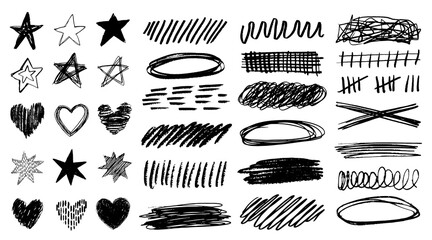 Charcoal graffiti doodle punk and grunge shapes collection. Hand drawn abstract scribbles and squiggles, creative various shapes, pencil drawn icons. Scribbles, scrawls, stars, heart, curly lines. - obrazy, fototapety, plakaty