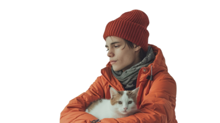 Thoughtful Person in Orange Jacket with a Cat
