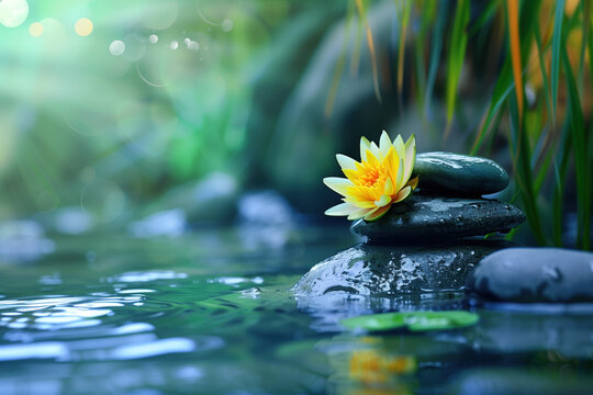Zen stones and a water lily flower. Water is the source of life. A slide background for showcasing the importance of water. Background image. Created with Generative AI technology.