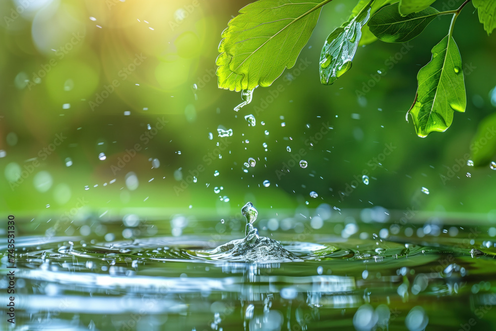 Poster water splash in the forest. water is the source of life. a slide background for showcasing the impor