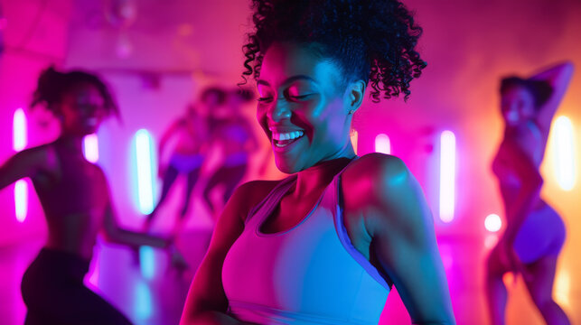 Beautiful and cheerful young woman dancing with group in neon lighting dance fitness class with bright colorful lights illuminating the studio