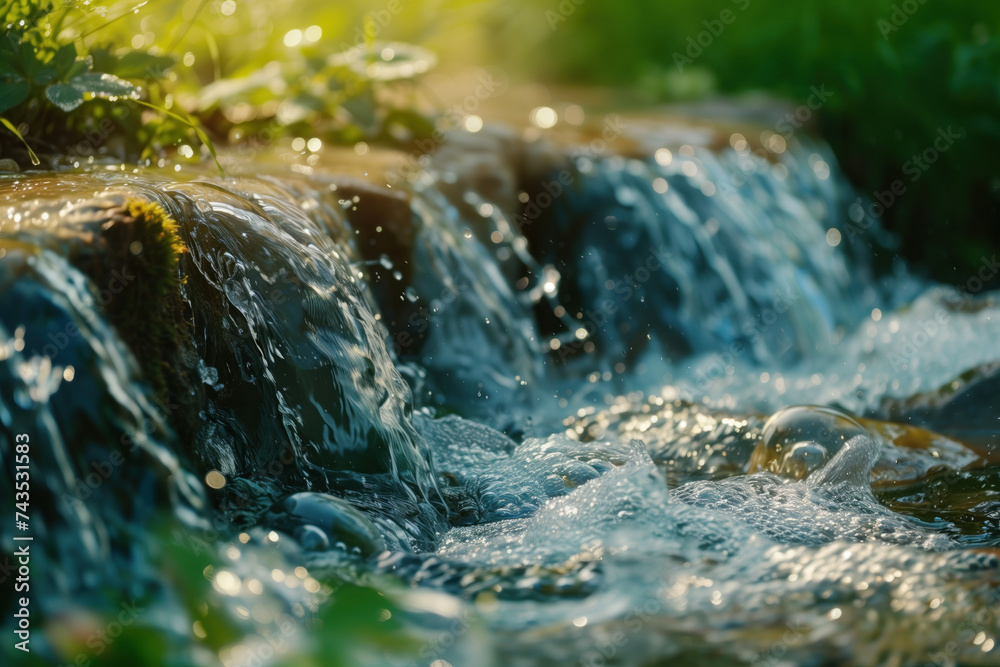 Poster waterfall in the forest. water is the source of life. a slide background for showcasing the importan