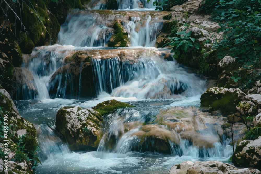 Poster waterfall in the forest. water is the source of life. a slide background for showcasing the importan