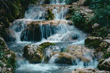 Waterfall in the forest. Water is the source of life. A slide background for showcasing the importance of water. Background image. Created with Generative AI technology.