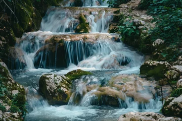 Fotobehang Waterfall in the forest. Water is the source of life. A slide background for showcasing the importance of water. Background image. Created with Generative AI technology. © Artem