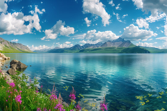 Wonderful lake wide panorama. Scenic summer landscape, mountains and blue cloudy sky at background