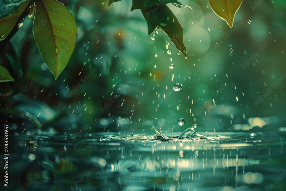 Poster water splash in the forest. water is the source of life. a slide background for showcasing the impor