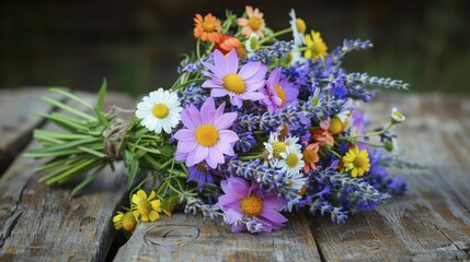 Rustic wedding bouquet with wildflowers and lavender, natural charm, countryside romance