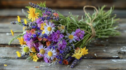Charm of rustic wedding, wildflowers and lavender bouquet, embodying natural romance