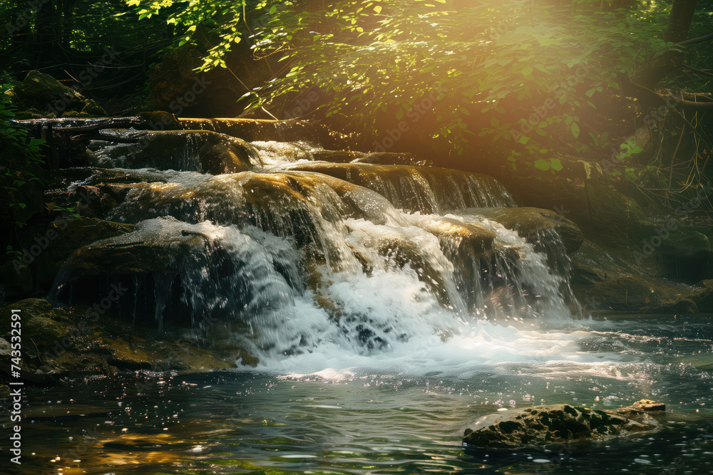 Poster waterfall in the forest. water is the source of life. a slide background for showcasing the importan