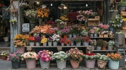 Fototapeta na wymiar Outdoor florist market stall, abundant with seasonal flowers, lively and bustling