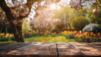 Naklejka na ściany i meble Empty wood taSpring Table With Trees In Blooming And Defocused Sunny Garden In Background