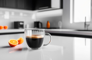 international Coffee Day. A transparent glass cup of coffee stands on the table in a modern bright kitchen. AI generation