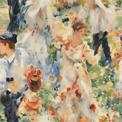 Seamless pattern. A lively garden party with people dancing and socializing, showcasing the warmth, movement, and delicate brushstrokes of Renoir’s Impressionist style