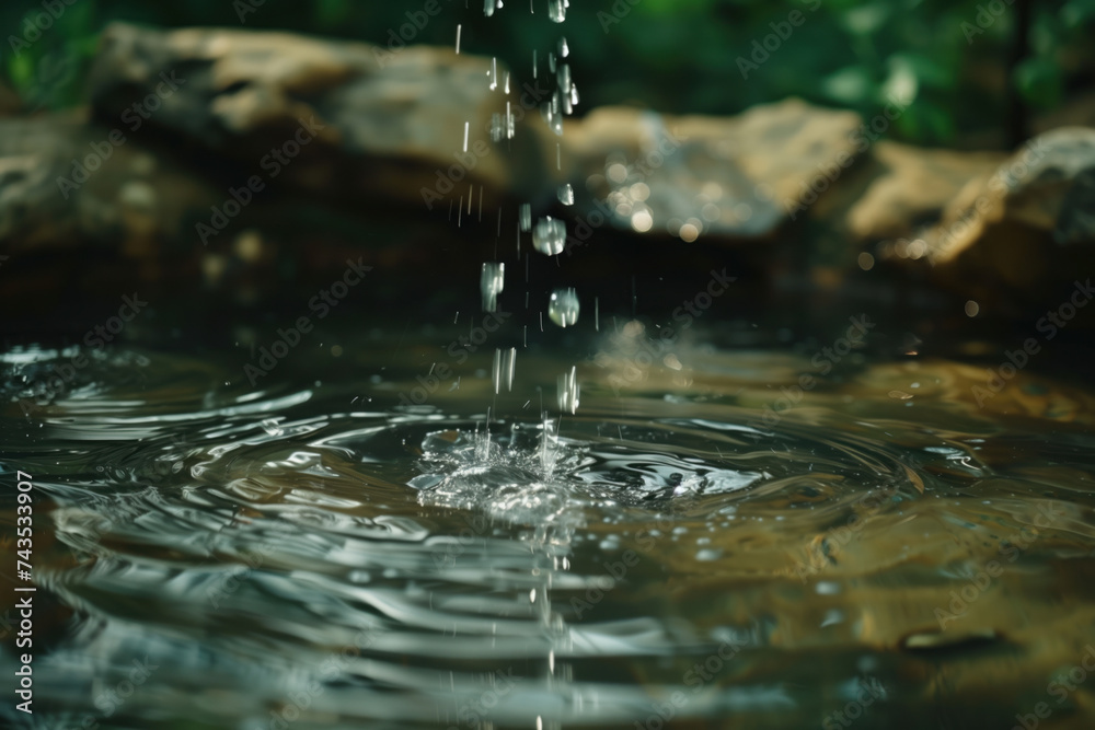 Poster water splash in the forest. water is the source of life. a slide background for showcasing the impor