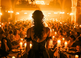 Elegant Performer Overlooking Candlelit Audience.