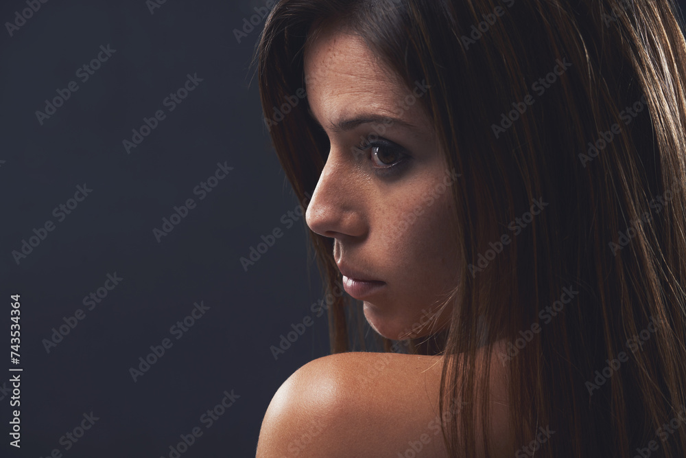 Canvas Prints Woman, facial treatment and beauty in studio, cosmetics and promotion of skincare on black background. Female person, mockup space and profile for dermatology, confidence and pride for glowing skin