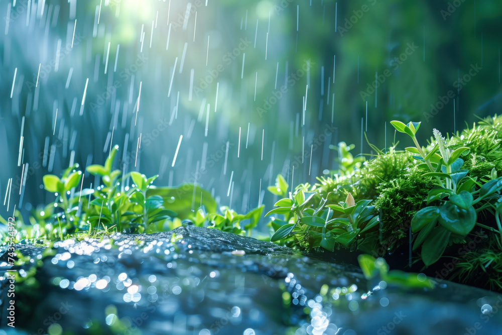 Poster grass and drops of rain. water is the source of life. a slide background for showcasing the importan