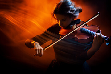 Violinist in Passionate Performance with Colorful Light Streaks, The Art of Music and Emotion