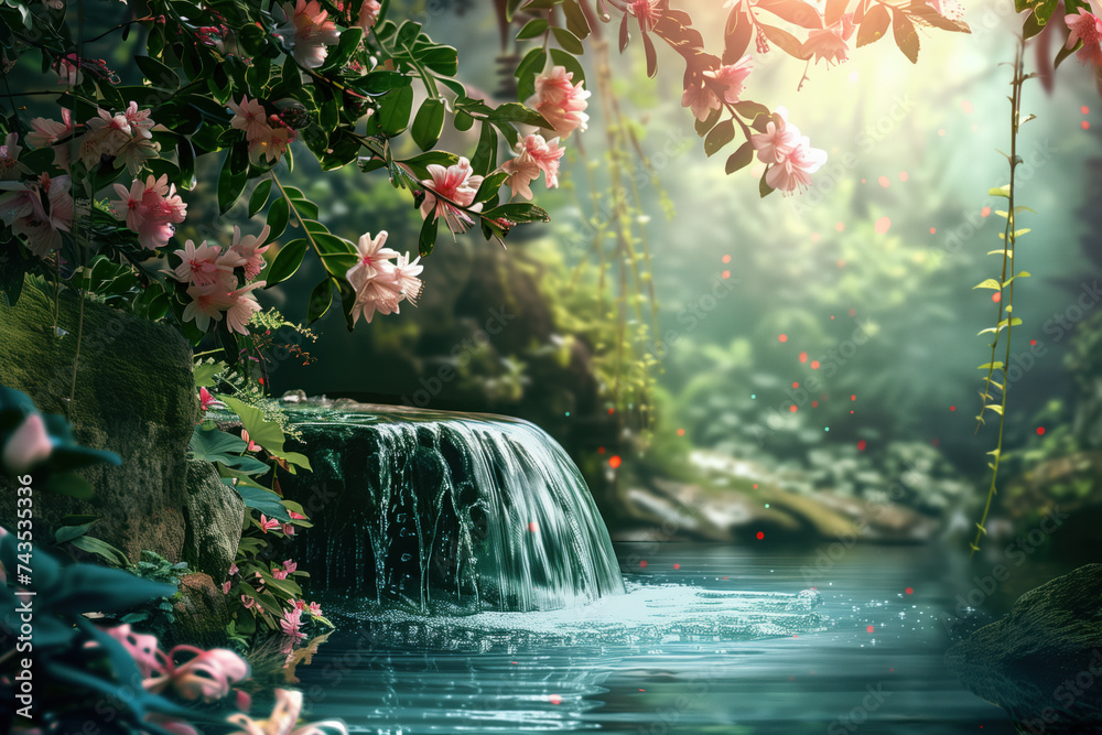 Poster waterfall in the forest. water is the source of life. a slide background for showcasing the importan