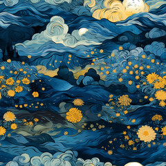 Seamless pattern. A swirling night sky filled with stars, capturing the energy and vibrant brushstrokes of Vincent van Gogh’s style