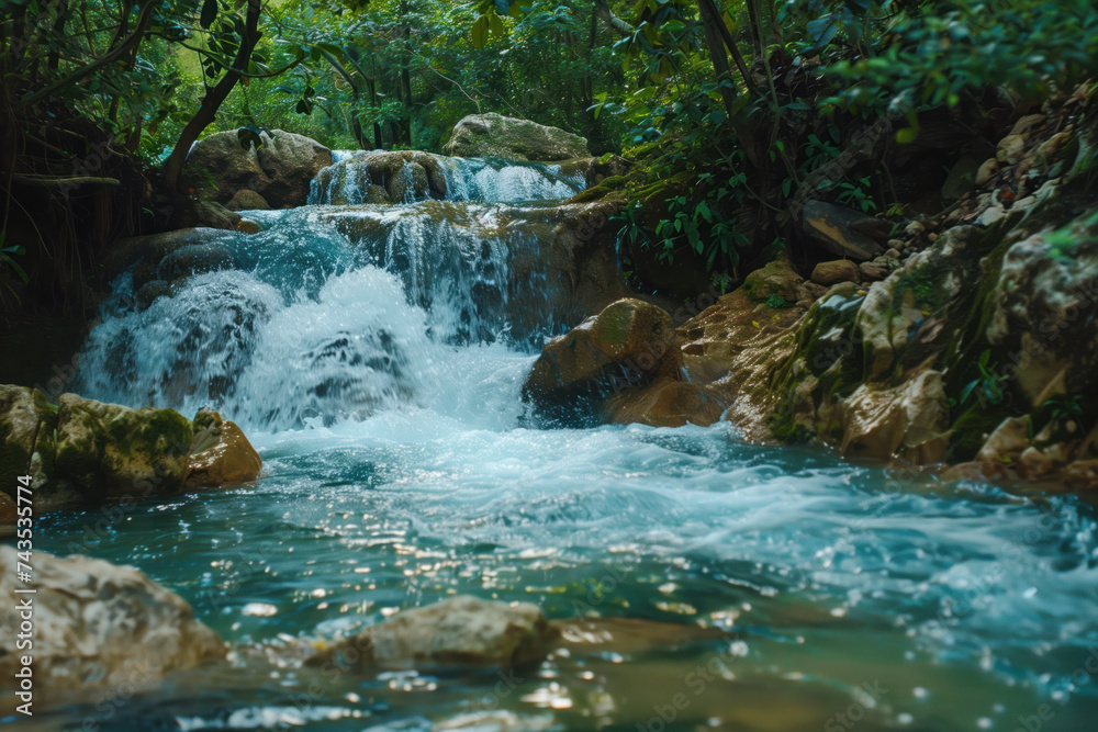 Poster waterfall in the forest. water is the source of life. a slide background for showcasing the importan