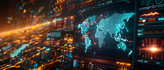 Global finance and communication concept showing a digital world map interface with graphs, data analytics, and statistics on a futuristic screen with a glowing, abstract technical backdrop. - obrazy, fototapety, plakaty