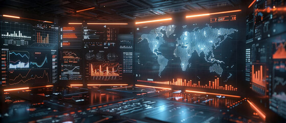 Futuristic command center with glowing interactive displays and holographic world map. High-tech digital screens showing data, graphs, and statistics in a modern surveillance or monitoring room.