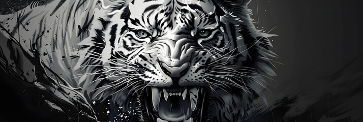 Close-up of the head of an aggressive tiger ready to attack. Wild animal in monochrome style. Scalp of a snarling animal. Illustration for cover, card, interior design, poster, brochure, presentation. - obrazy, fototapety, plakaty