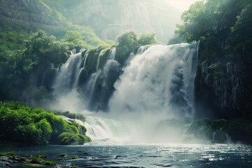 Waterfall in the forest. Water is the source of life. A slide background for showcasing the importance of water. Background image. Created with Generative AI technology.