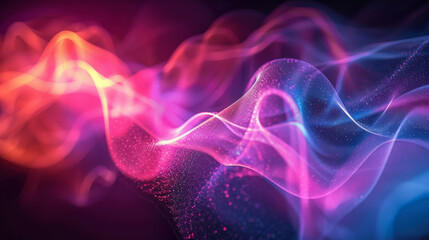 Abstract digital wallpaper with dynamic wave patterns and particle effects in vibrant blue and pink colors on a dark background, illustrating modern technology or science themes.