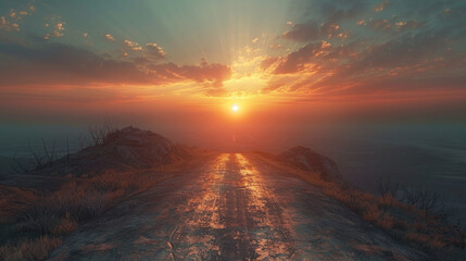 A serene landscape showcasing a stunning sunrise over a rugged terrain with a pathway leading towards the horizon.